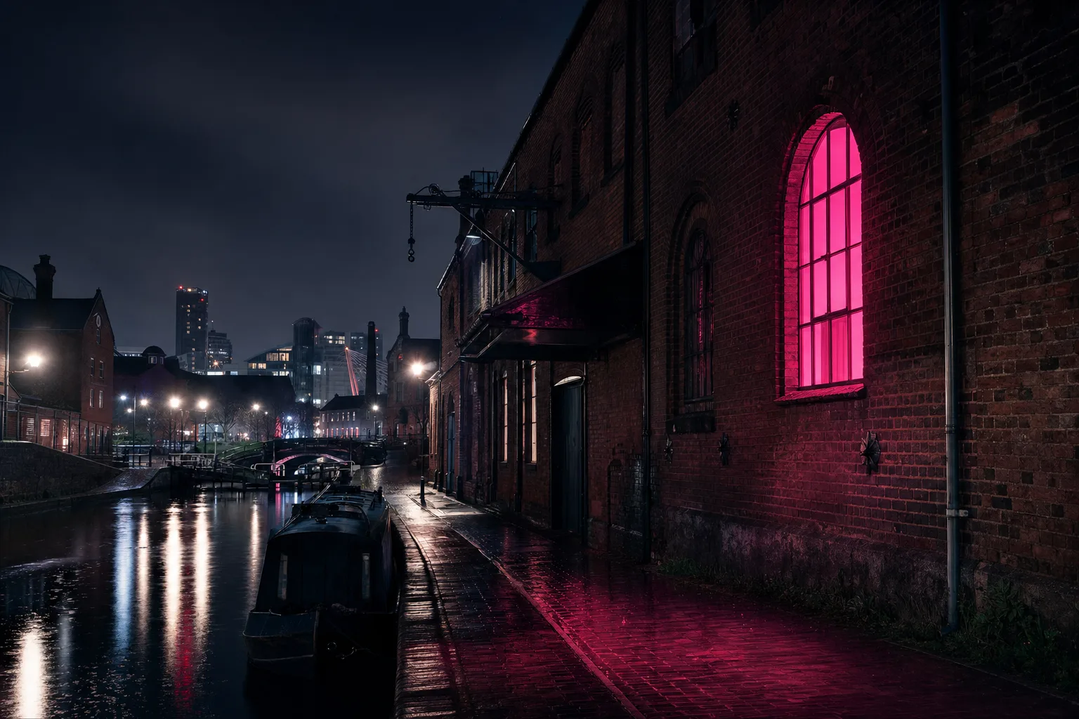 A rainy Birmingham canal-side street at night with one pink glowing window