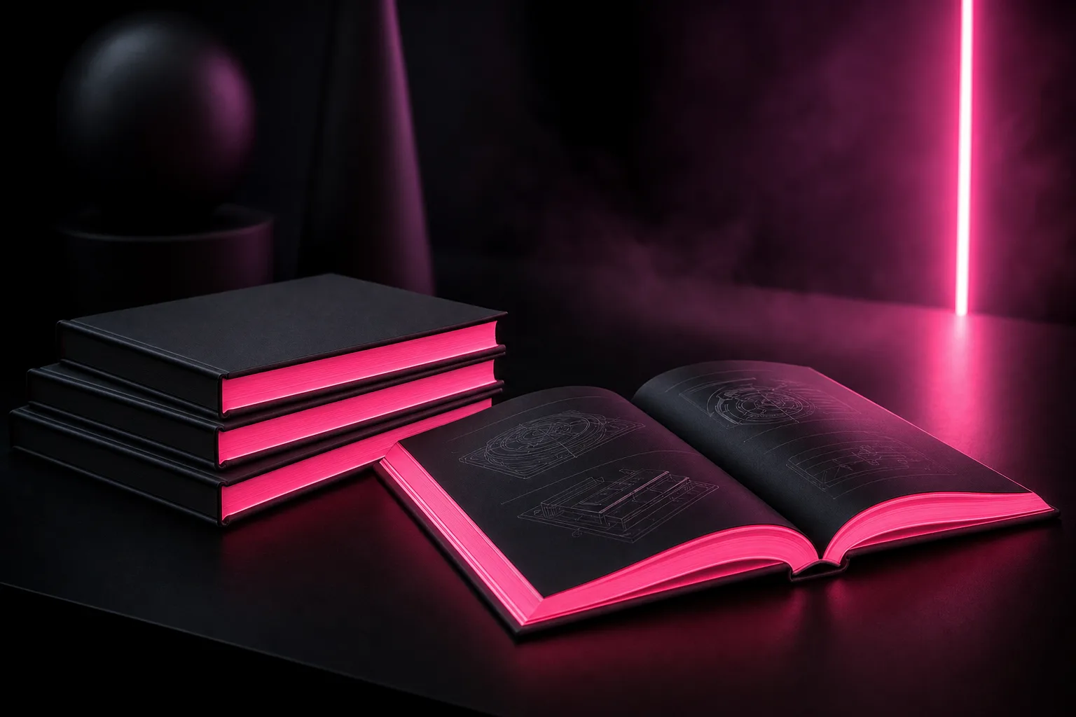 Dark hardcover manuals with pink glowing page edges