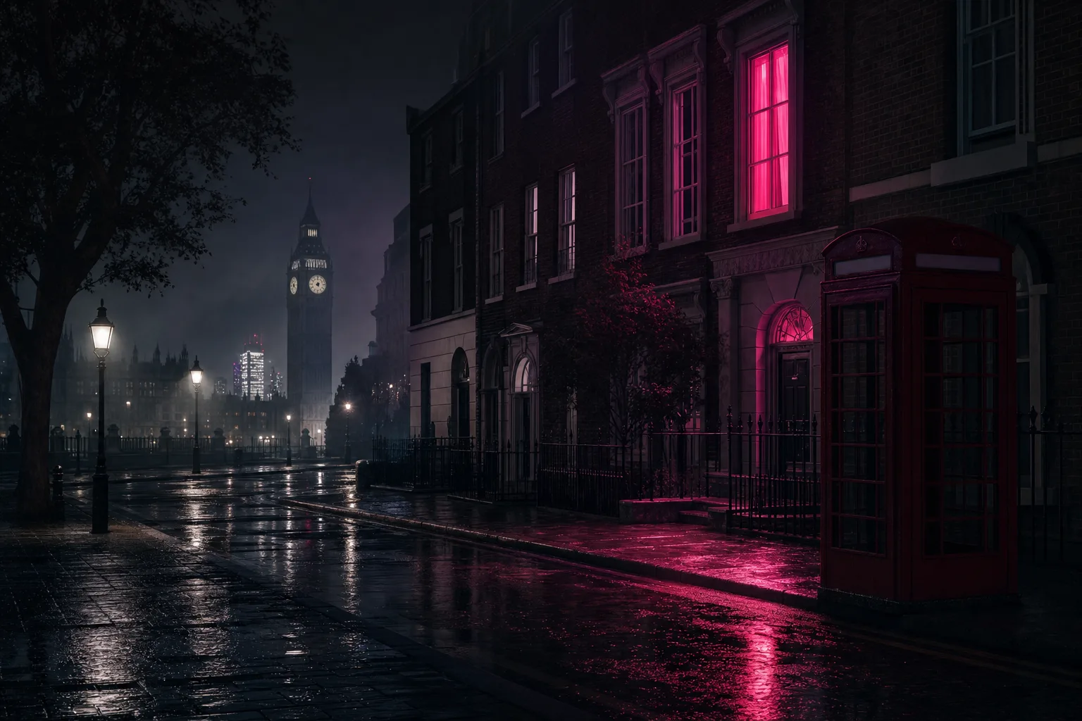 A rainy London street at night with one pink glowing window