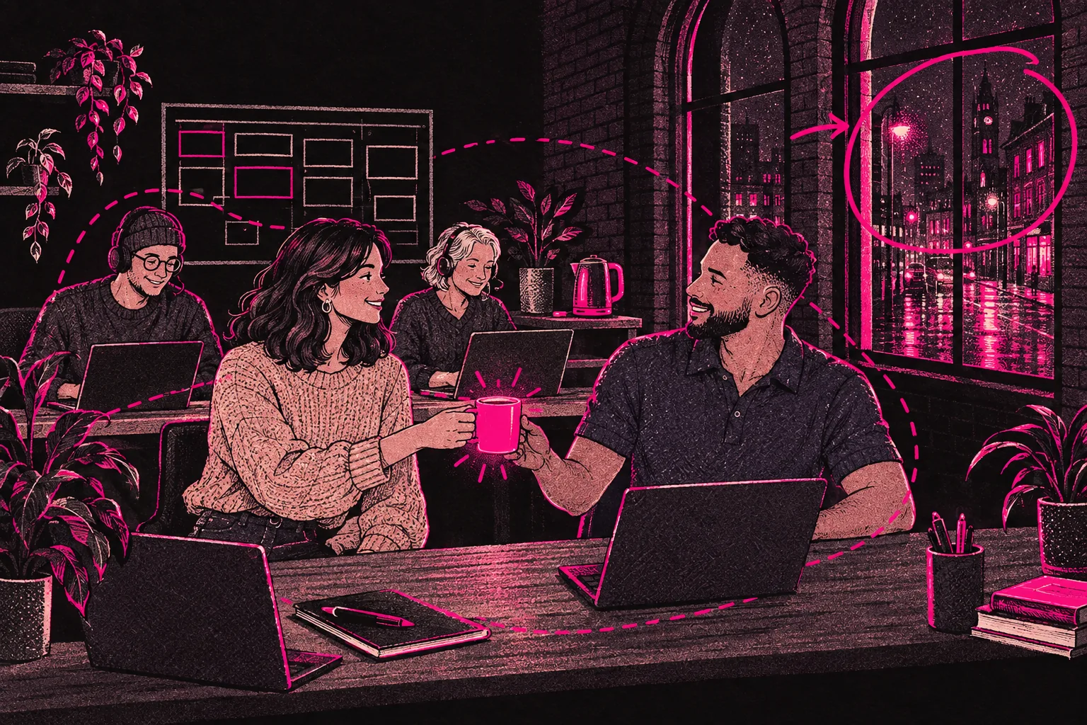 Illustration: the TalentGrow team sharing tea at night