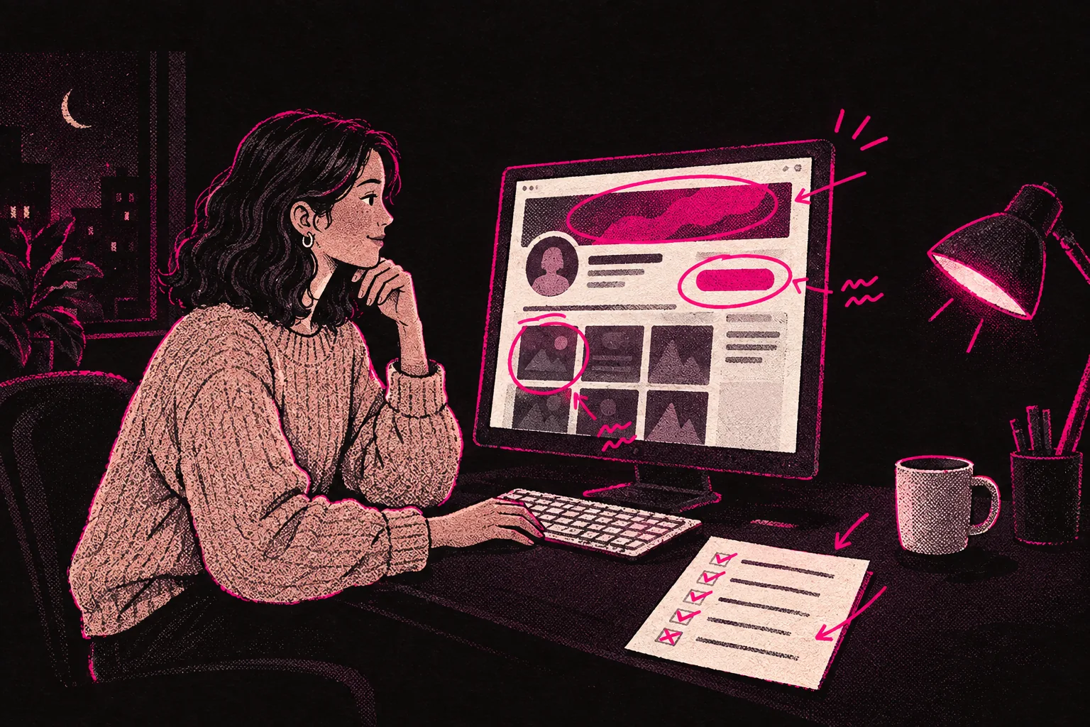 Illustration: a strategist marking fixes on a creator's page