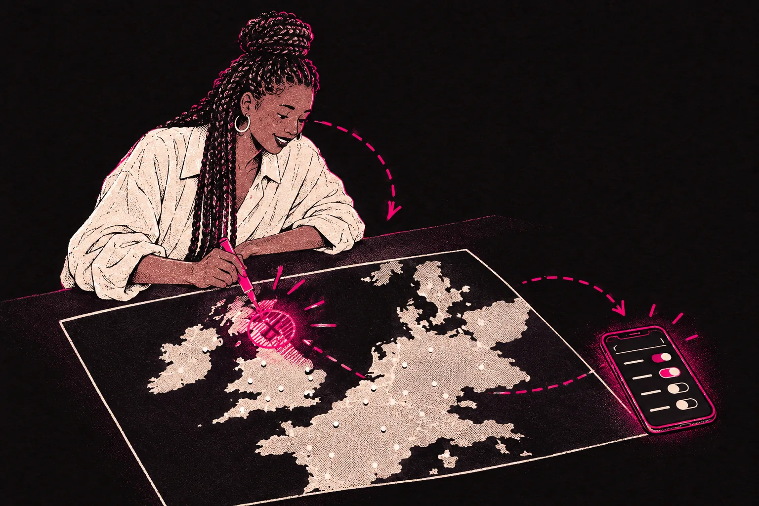 Illustration: a region blocked out on a map, with the geo-block switched on
