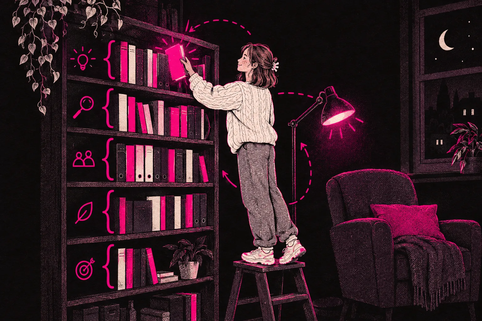 Illustration: a creator picking a guide from a shelf sorted into five topics