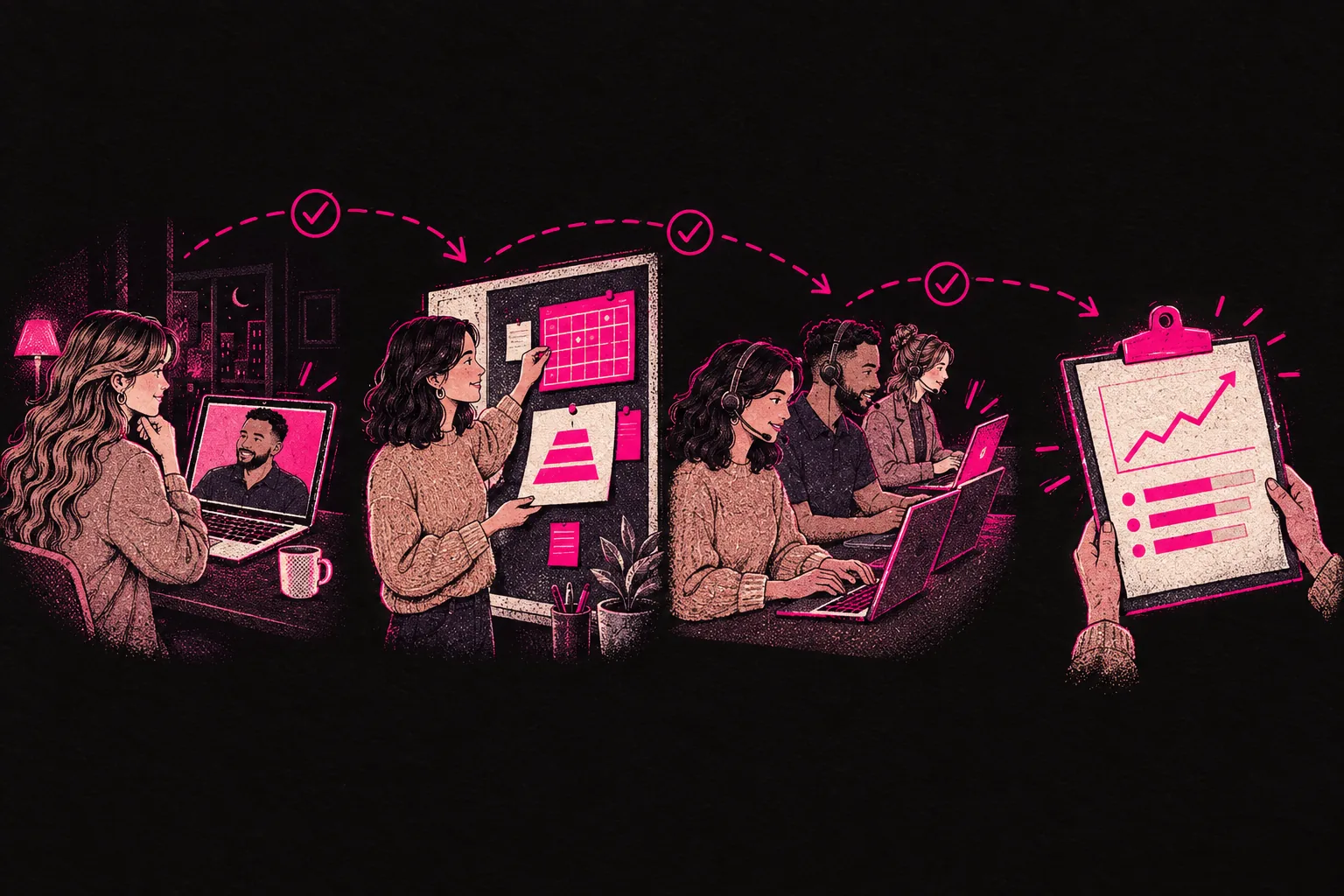 Illustration: the four steps, from a first video call to planning, the chat team and the Monday report
