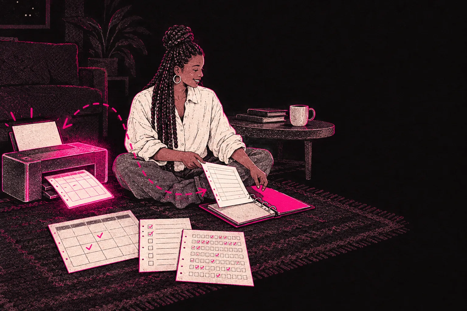 Illustration: a creator filing printed planners and checklists into a binder