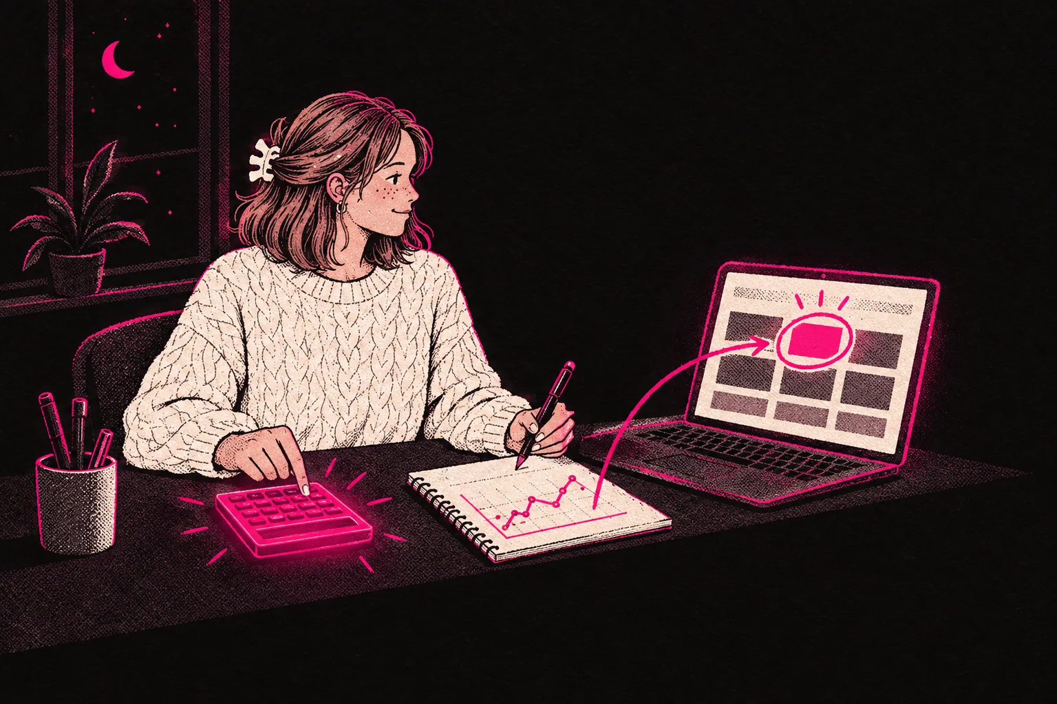 Illustration: a creator working out her numbers with a calculator and laptop