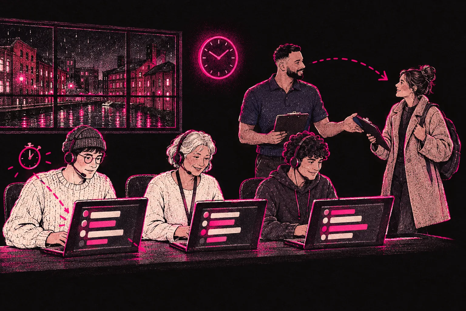 Illustration: the chat team handing over between shifts