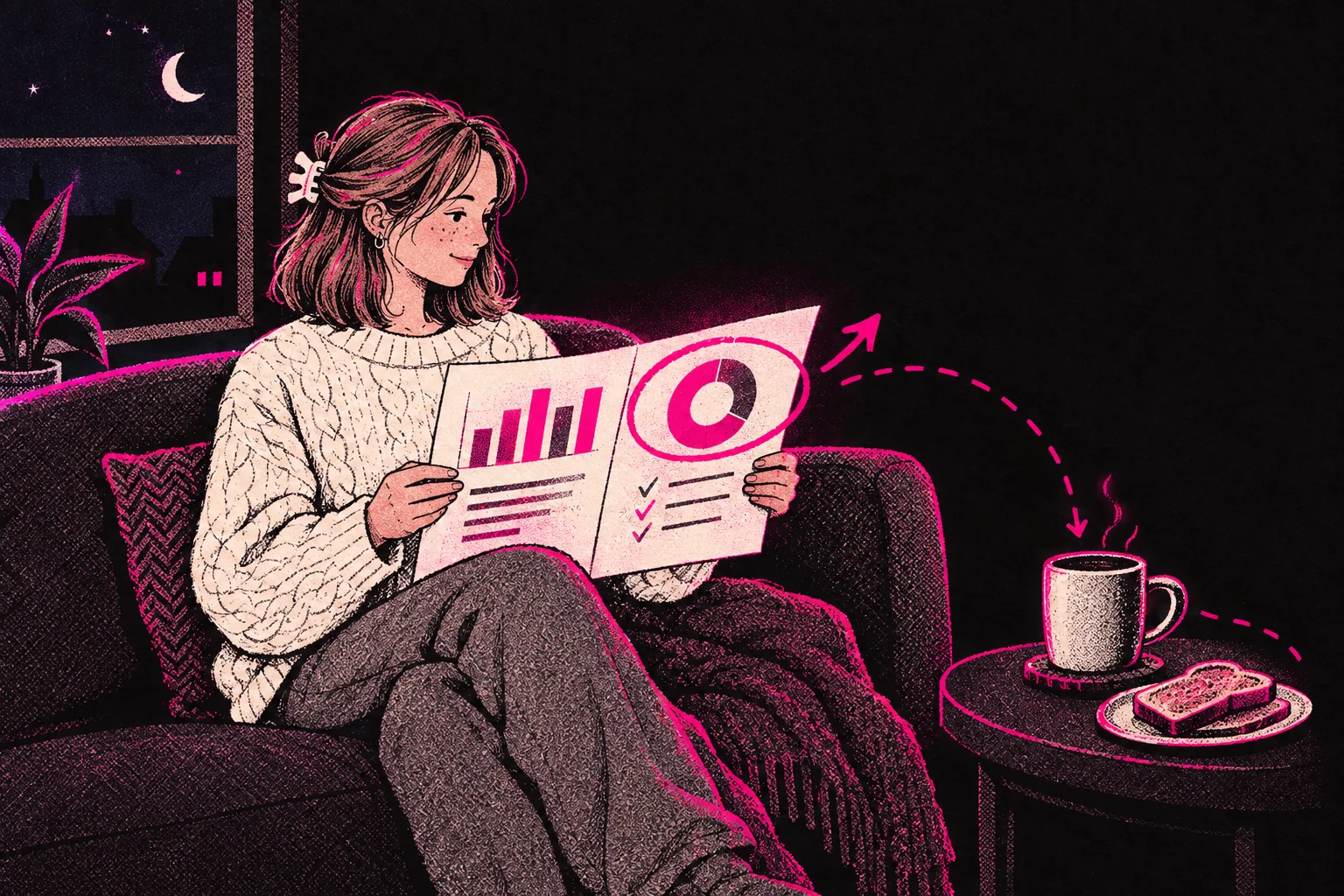 Illustration: a creator reading her Monday report over coffee