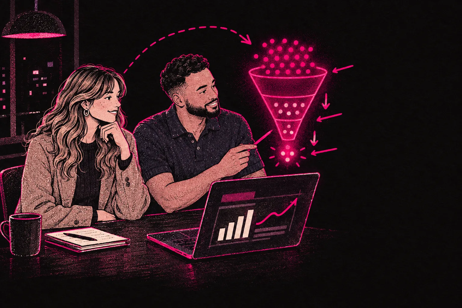 Illustration: a creator and account manager reviewing the monthly funnel