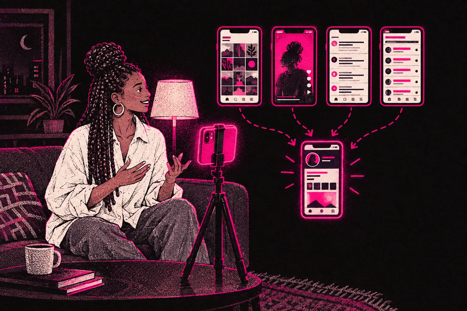 Illustration: one video shared across different social feeds, all leading to the creator's page