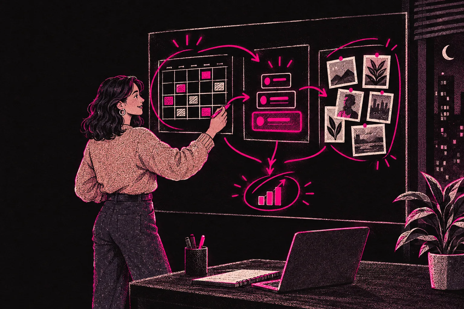 Illustration: a strategist joining the content calendar, pricing and niche into one plan